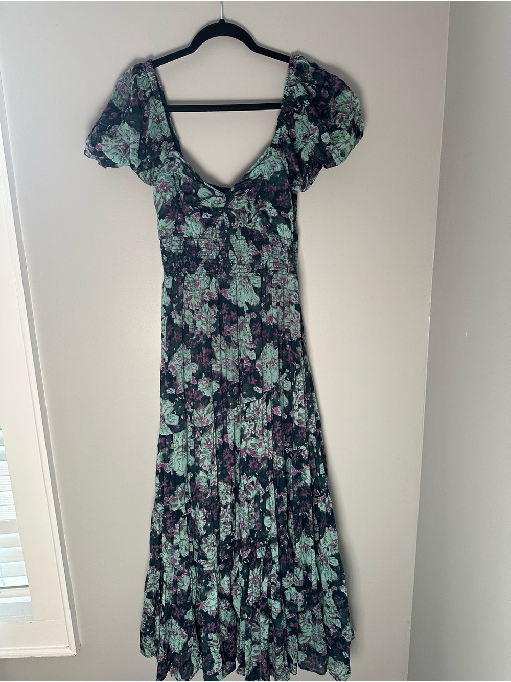 Free People Floral Smocked Puff Sleeve Maxi Dress Size L